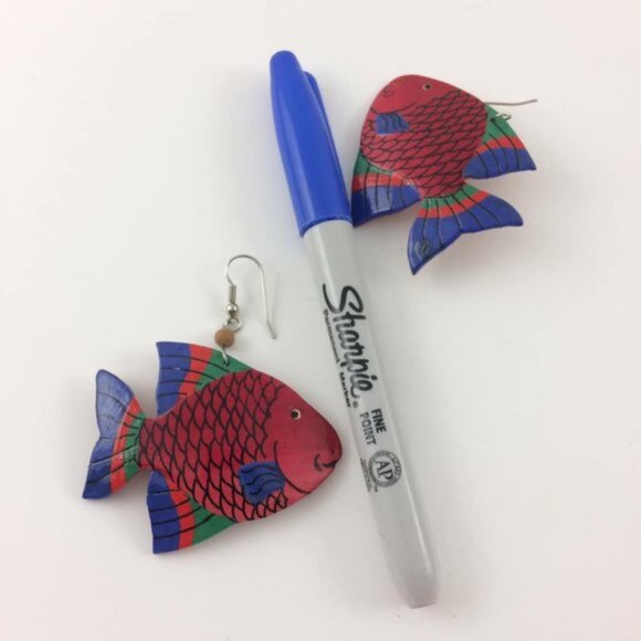Vtg Tropical Funky Fish Handpainted Dangle Earrings Beachy Bohemian Tropicalcore - Picture 5 of 5